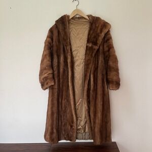 Vintage Hooded Fur Coat Honey Brown Long Duster Mob Wife Glam